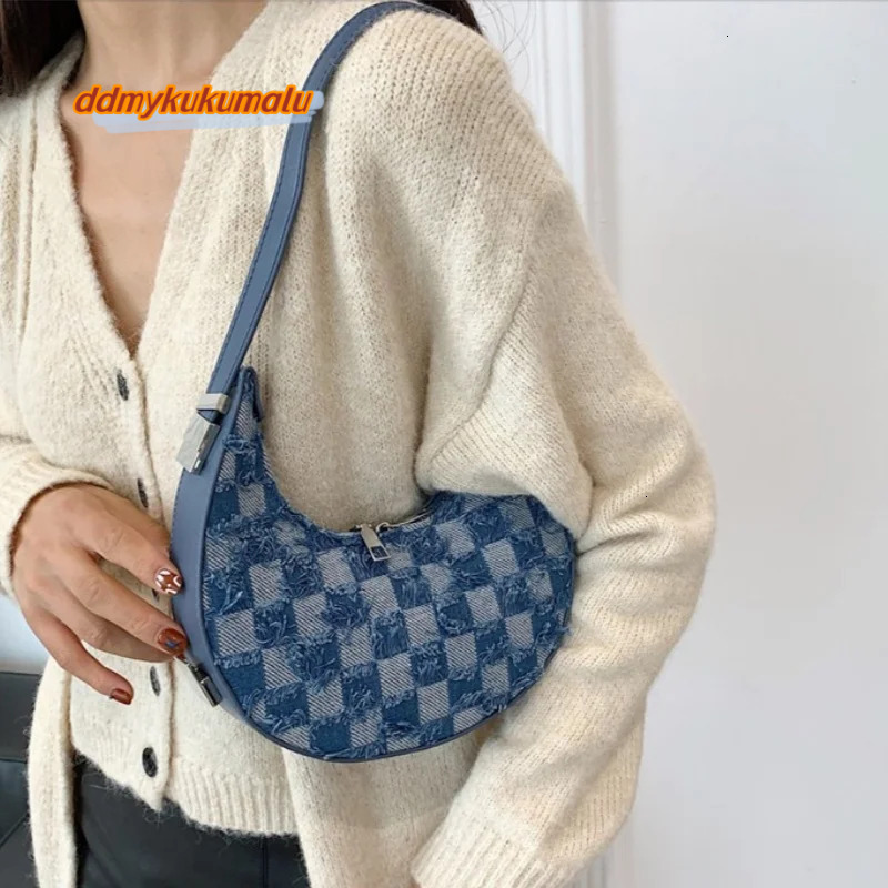 Fashion Trendy Crescent Moon Two-color Plaid Denim Splicing Underarm Retro Ladies Shoulder Tote Bag H6.29#17 ddmykukumalu