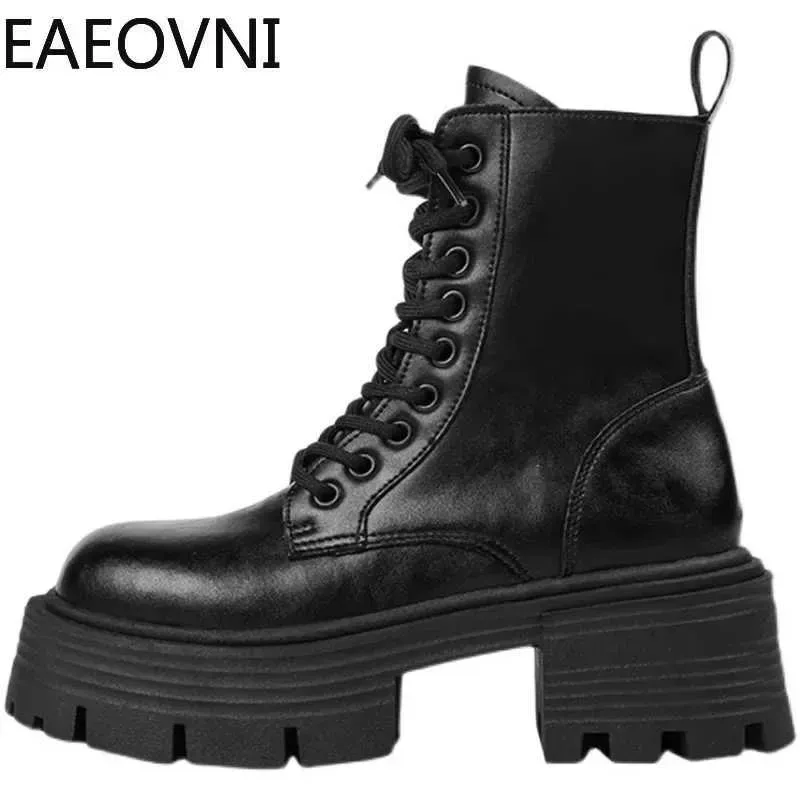Boots High Platform Womens Motorcycle Boot For Winter 2024 Fashion Lace Up Square Heel Short Booties Autumn Girls Shoes H240709