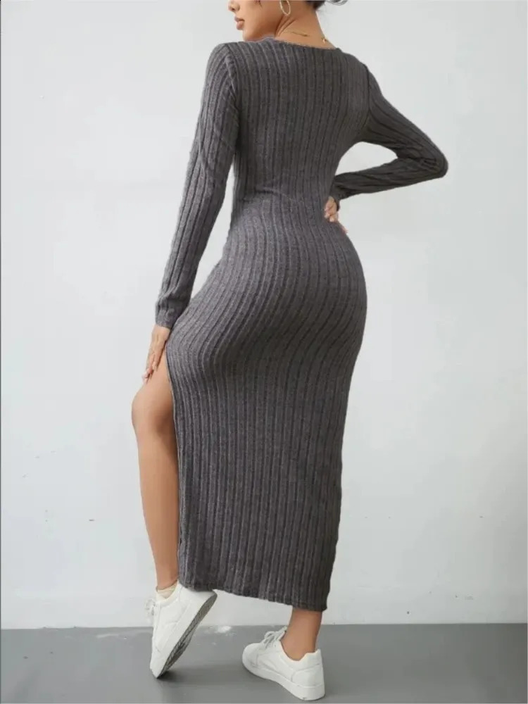 Autumn and winter womens solid color long sleeved round neck sexy seam knitted casual comfortable dress 241007