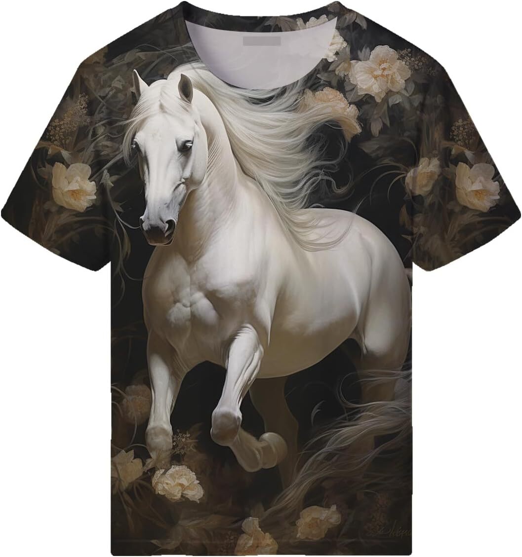 Mens T shirt Hand Painted Watercolor White Horse Shirt Adult Beautiful Horse Pattern Summer Short Sleeved T-Shirt graphic tee Casual tops summer cool