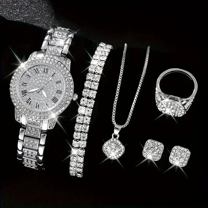 6-piece womens watch Roman dial casual womens quartz watch bracelet set womens Montre Femme Reloj 240924