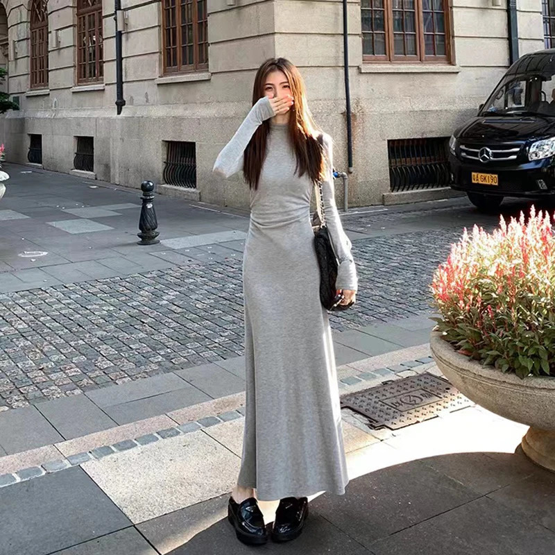 Autumn half neck dress for women Korean elegant black Hepburn style Midi Y2K high waisted long sleeved warm Aline vest 241007