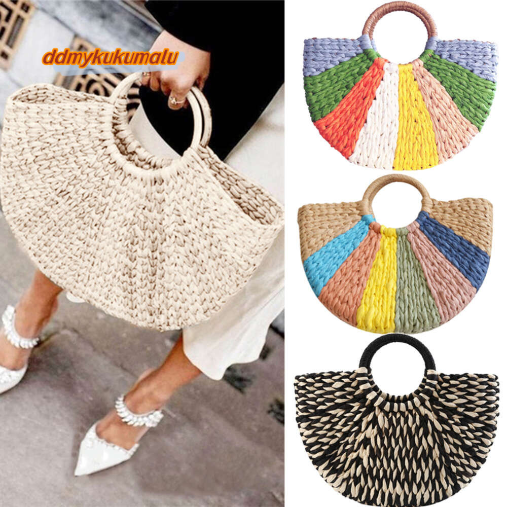 Women Colourful Handbag Rattan Wicker Straw Woven Half-round Bag Large Capacity Female Casual Travel Tote Fashion Bolsos H6.17#26 ddmykukumalu