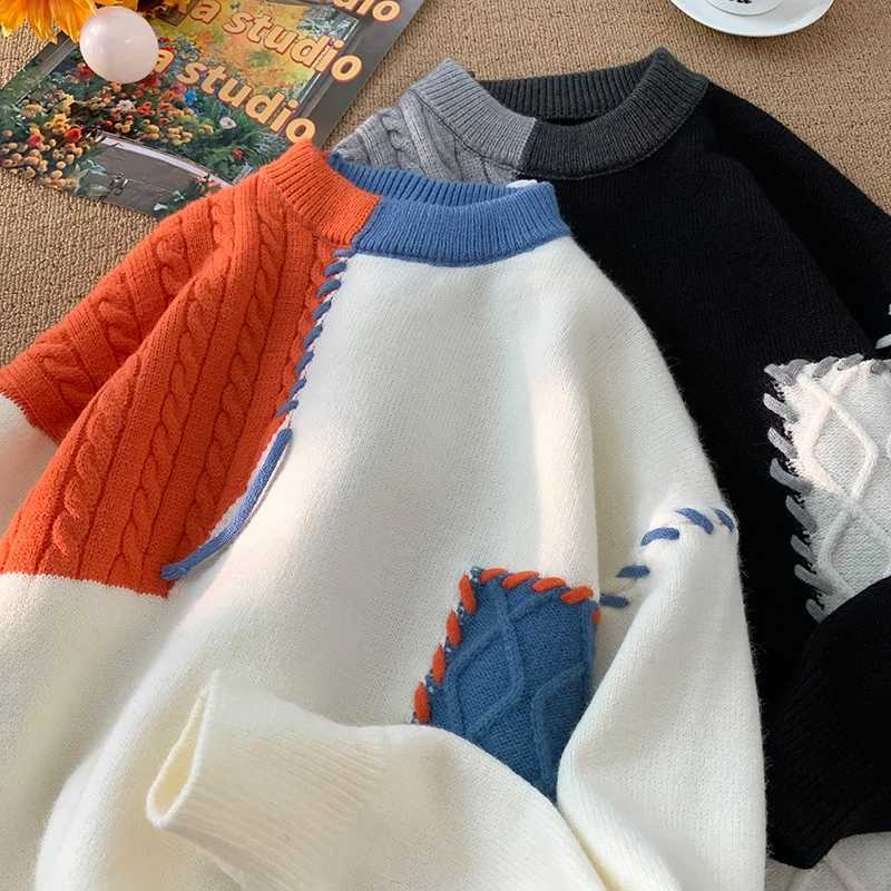 2024 Autumn/Winter Warm Sweater Patch Work Zipper Korean Round Neck Knitted Sweater Mens Fashion Knitted Sweater W241007