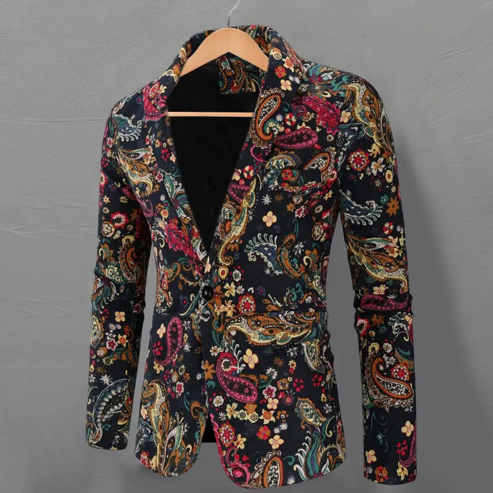 Men Blazer Fashion Print Turndown Collar Long Sleeve Button Loose Suit Jacket Colorful Pattern Lapel Blazer Suit Coat Streetwear 240930