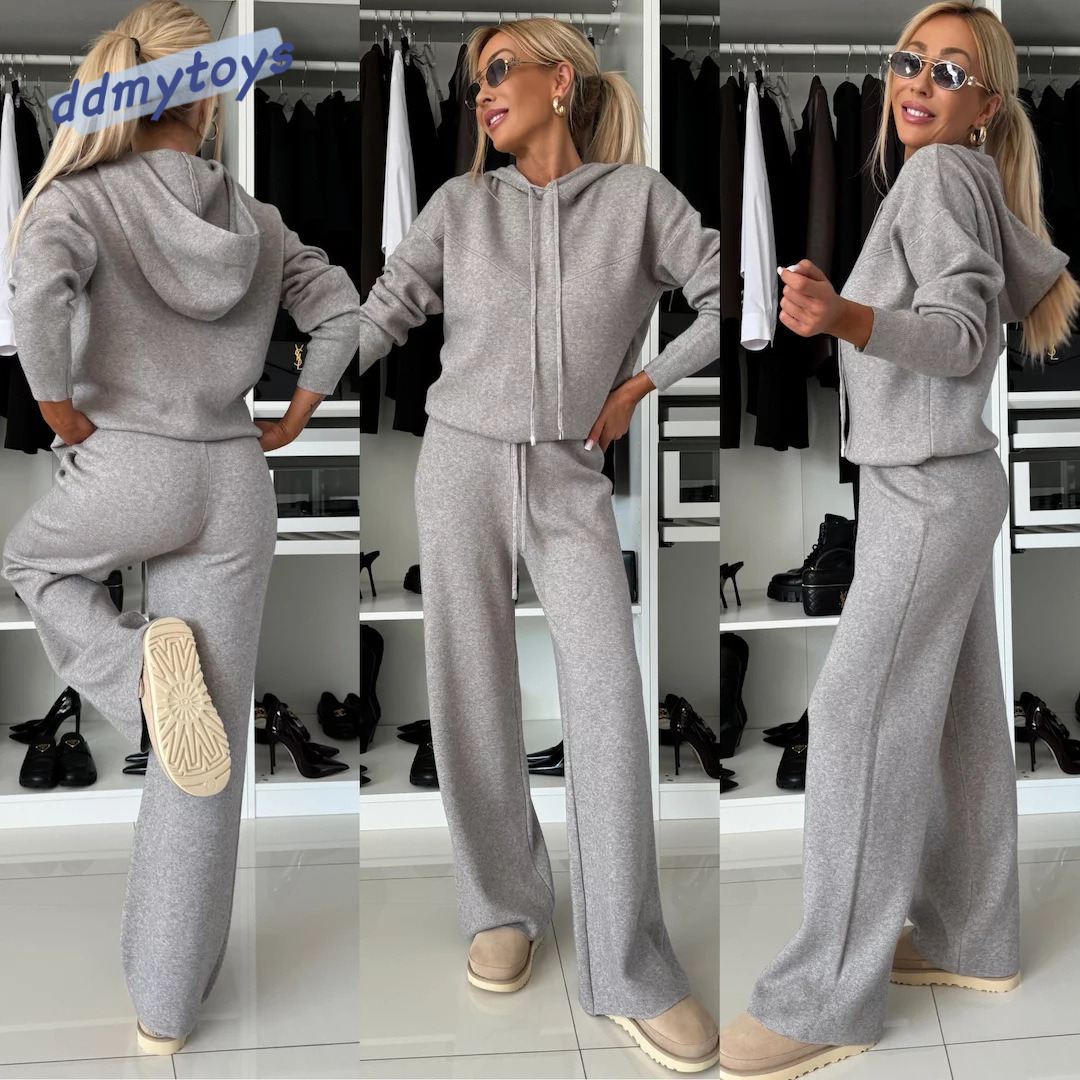 dongdumaoyi Autumn and winter new casual suit women s solid color hooded long sleeved sweatshirt tied rope wide leg pants two piece set F1008#59