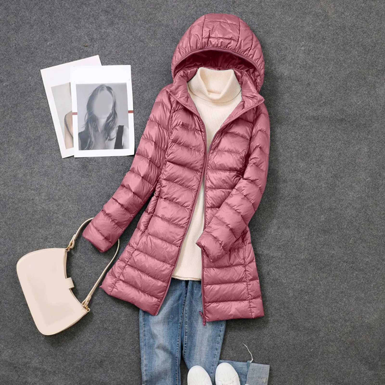 Winter Womens Down Jackets Long Ultra Light Thin Casual Coat Puffer Jacket Slim Hat Detachable Hooded Parka Portable OutwearX241019