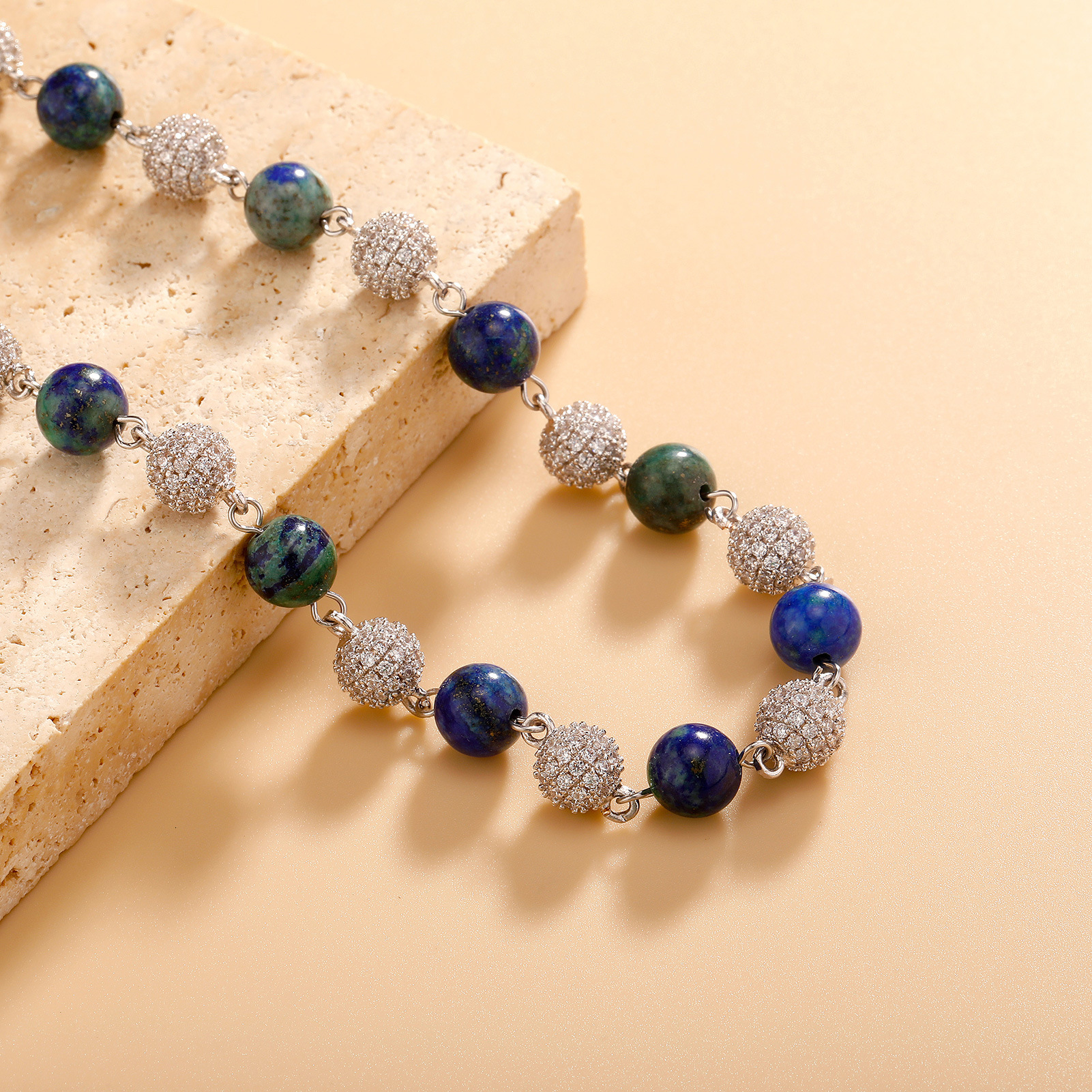 6-8mm Full Set Sparkling Cubic Zirconiaia Lround Beaded Necklace Chain Choker Hip-hop Mens And Womens Blue Green Colorful Stone Gold Plate Jewelry Acc