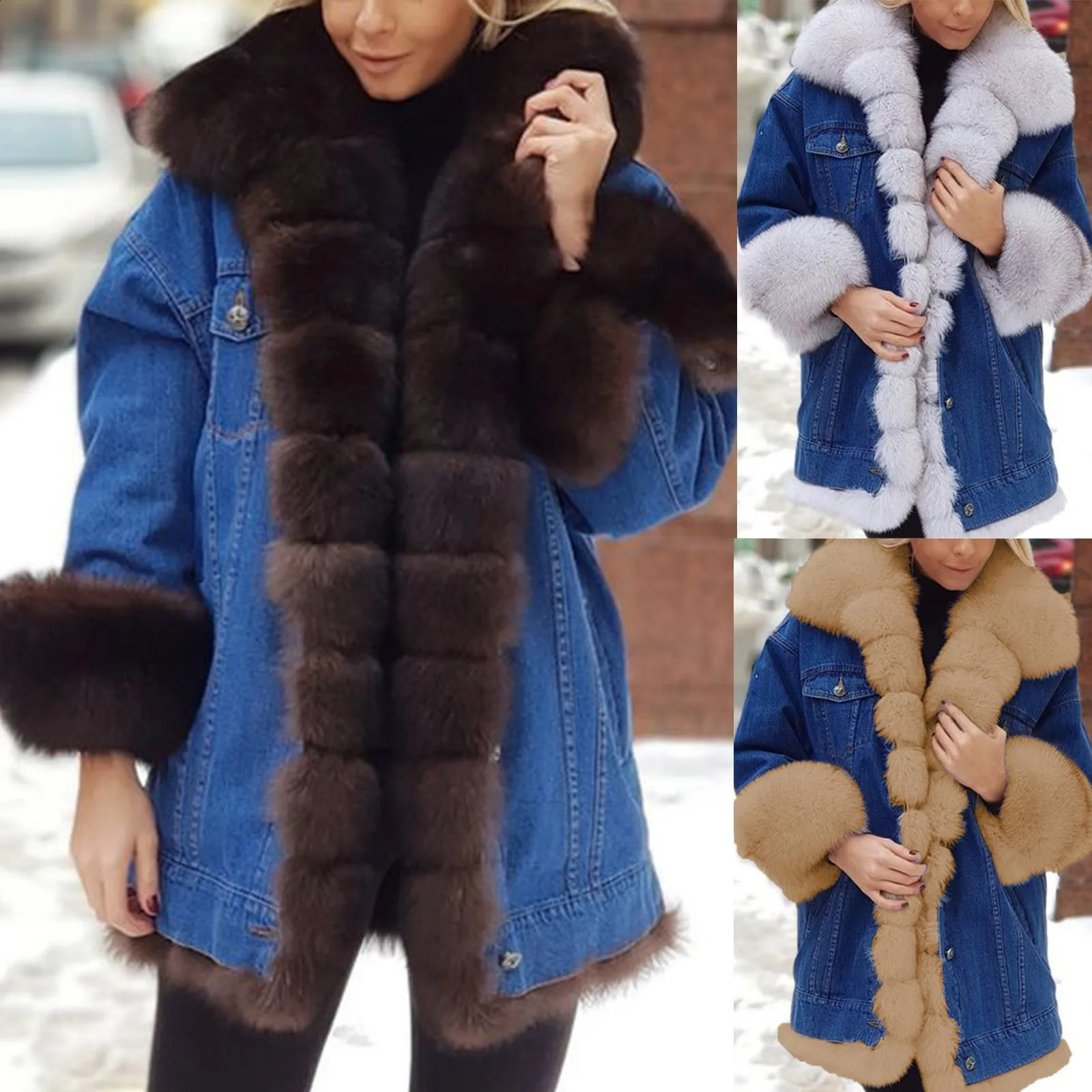 Fashion faux fur coat for autumn and winter womens long sleeved fur denim mid coat with spliced wool jacket for warmth 240930