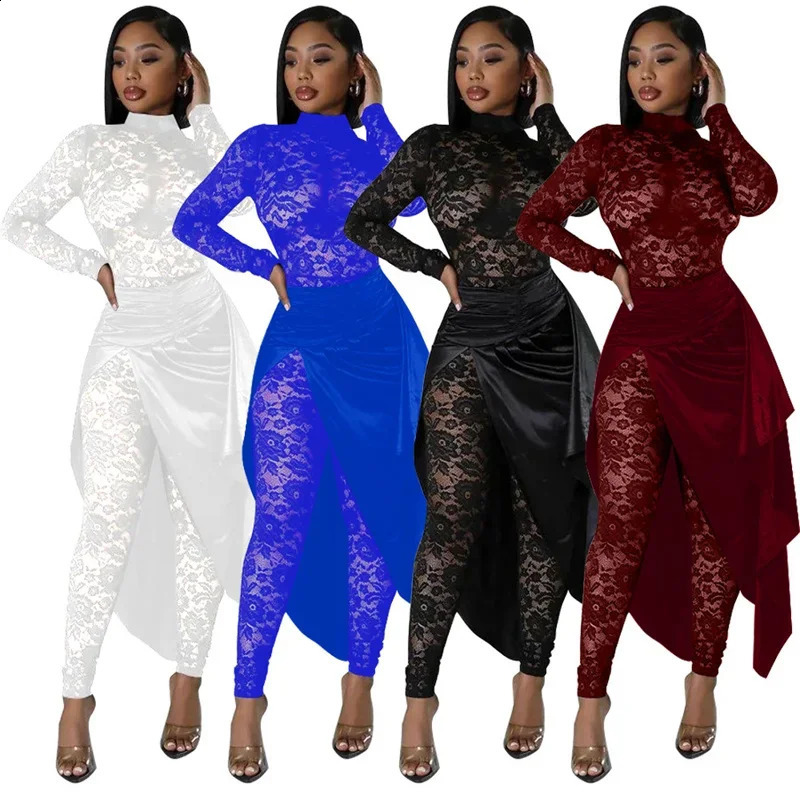 Women Nightclub Party Skinny Stretchy Sexy See Through Floral Lace Jumpsuits with Overlay Skirt One Piece Romper Club Overalls 240927