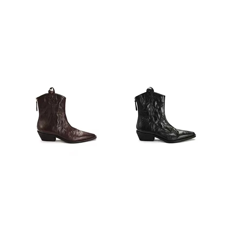 Vintage Style Wrinkled Short - Autumn Winter Denim Skinny Western Shoes Women's Boots Cowboy Boot Short Booties