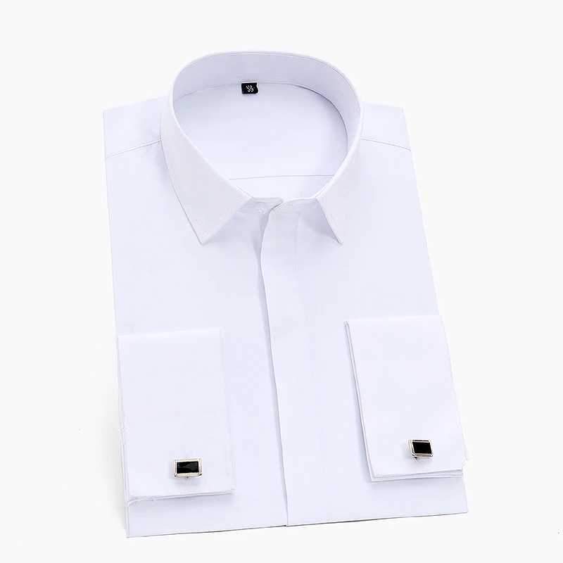 Mens classic French cuffed dress with long sleeves and no pockets tailcoat mens shirt with cufflinks formal party wedding white and blue X241007