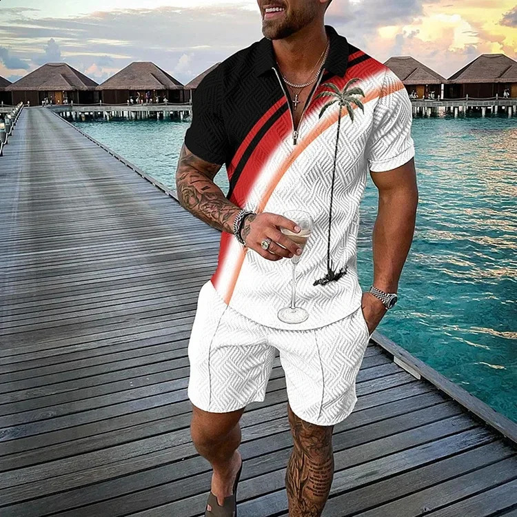 Beach Coco 3D printed mens sportswear set summer casual zipper collar polo shirt and shorts 2-piece set fashionable mens clothing 240930CJ