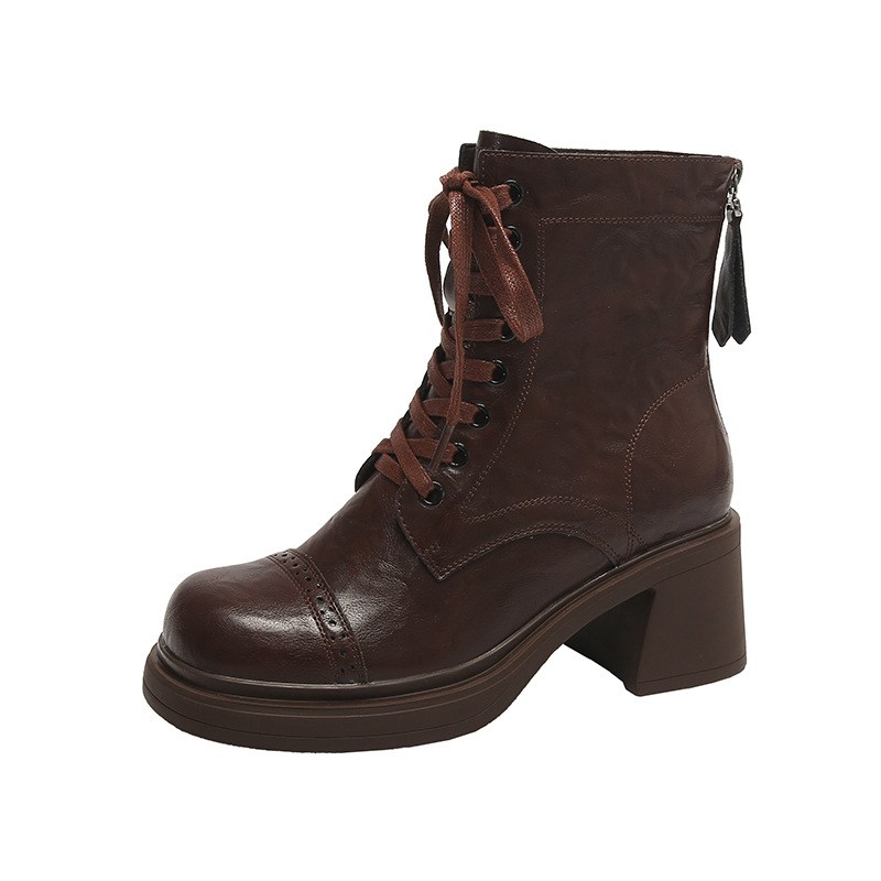 Female 2024 new retro thick heel round toe lace up Martin boots