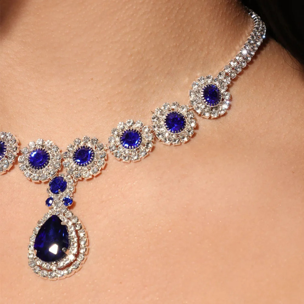 Elegant blue rhinestone droplet necklace chain bridal jewelry 2024 fashion gift crystal necklace wedding accessories 241007
