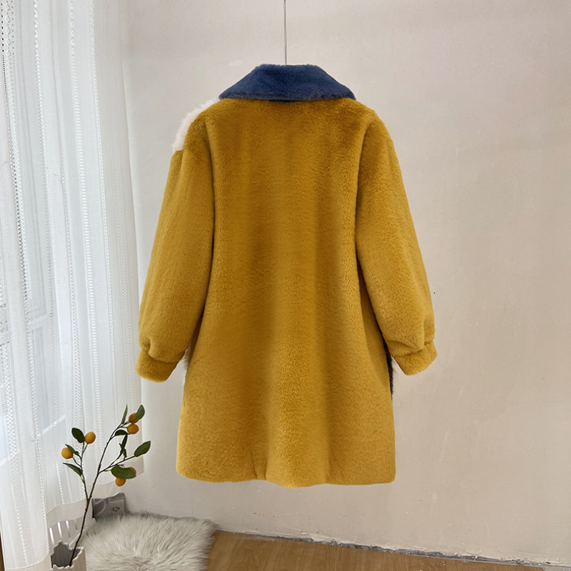 Spliced Faux Fur Women Winter Lapel Fluffy Jacket Teddy Female Long Sleeves Plush Coat Korean Fashion Overcoats 2023