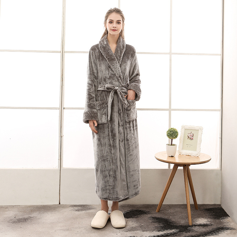 Designer Autumn Winter Plus Size Flannel Couple Sleeping Robe For Men Women, Beibei Velvet Splicing, Thickened And Elongated Bathrobe, Yukata