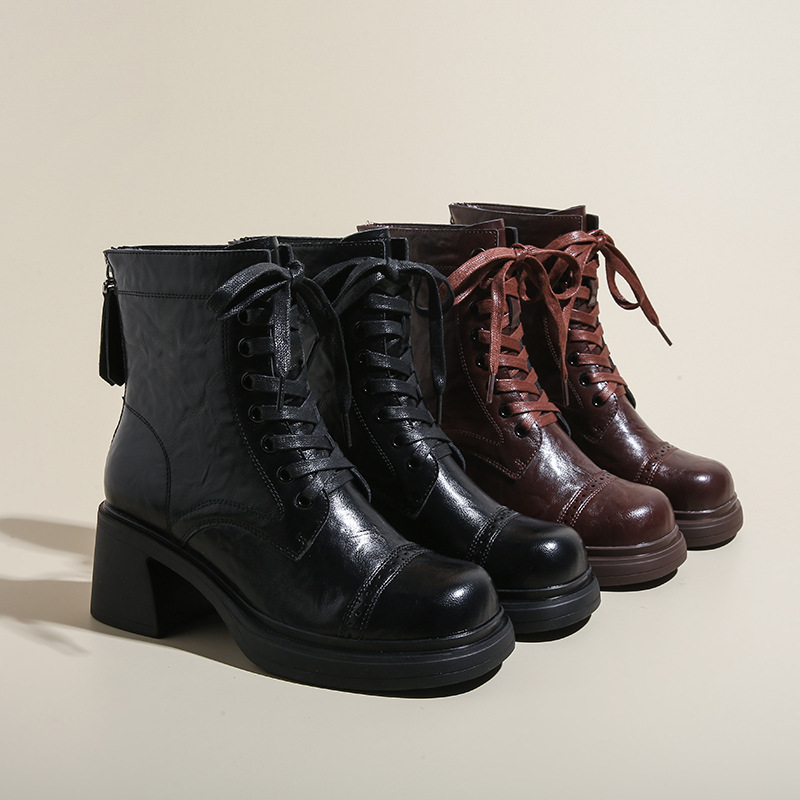 Female 2024 new retro thick heel round toe lace up Martin boots