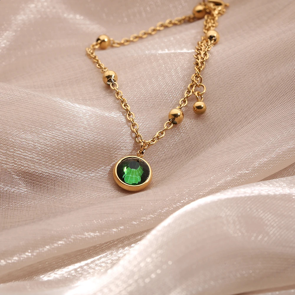 stainless steel ball chain anklet green stone round charm anklet suitable for women gold-plated waterproof jewelry 241007