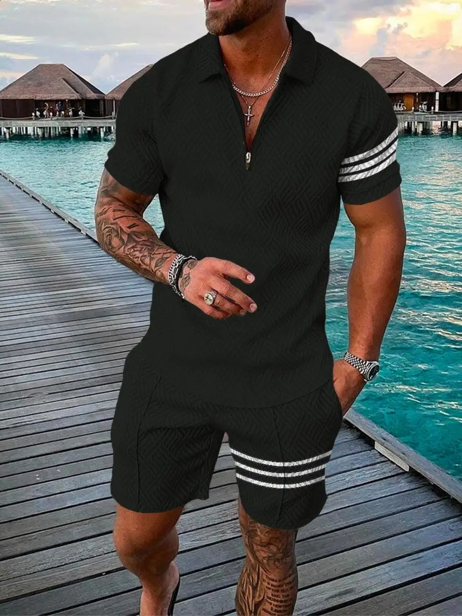 Summer trend plain printed mens track wear casual zipper collar polo shirt and shorts 2-piece set mens streetwear 240930