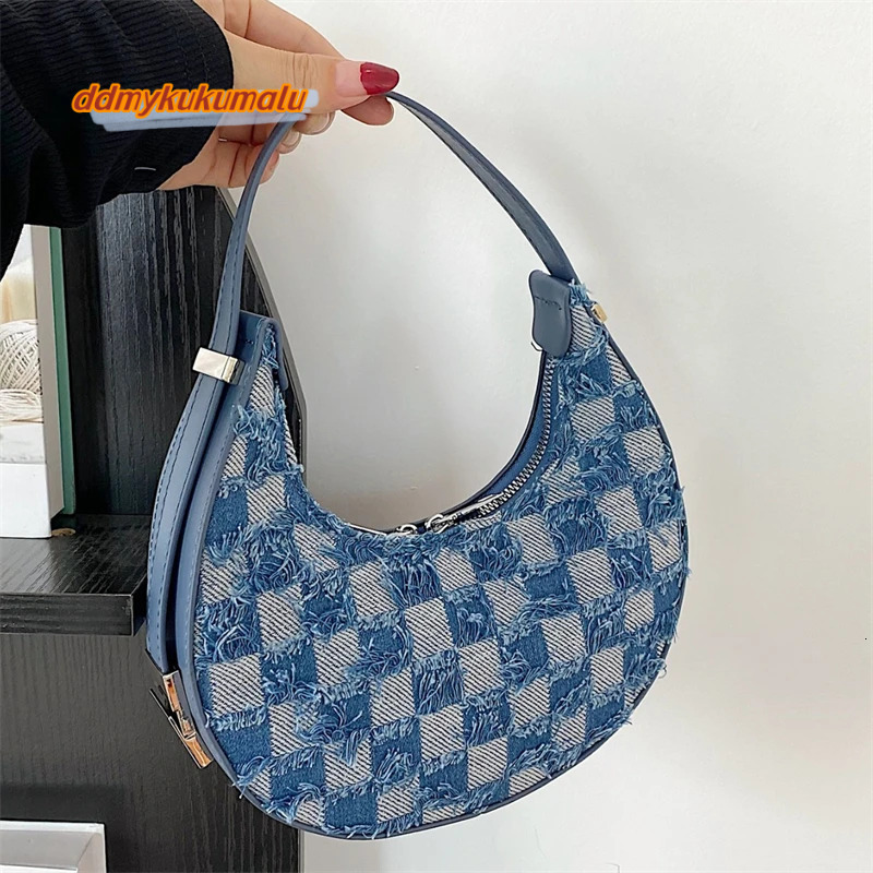 Fashion Trendy Crescent Moon Two-color Plaid Denim Splicing Underarm Retro Ladies Shoulder Tote Bag H6.29#17 ddmykukumalu