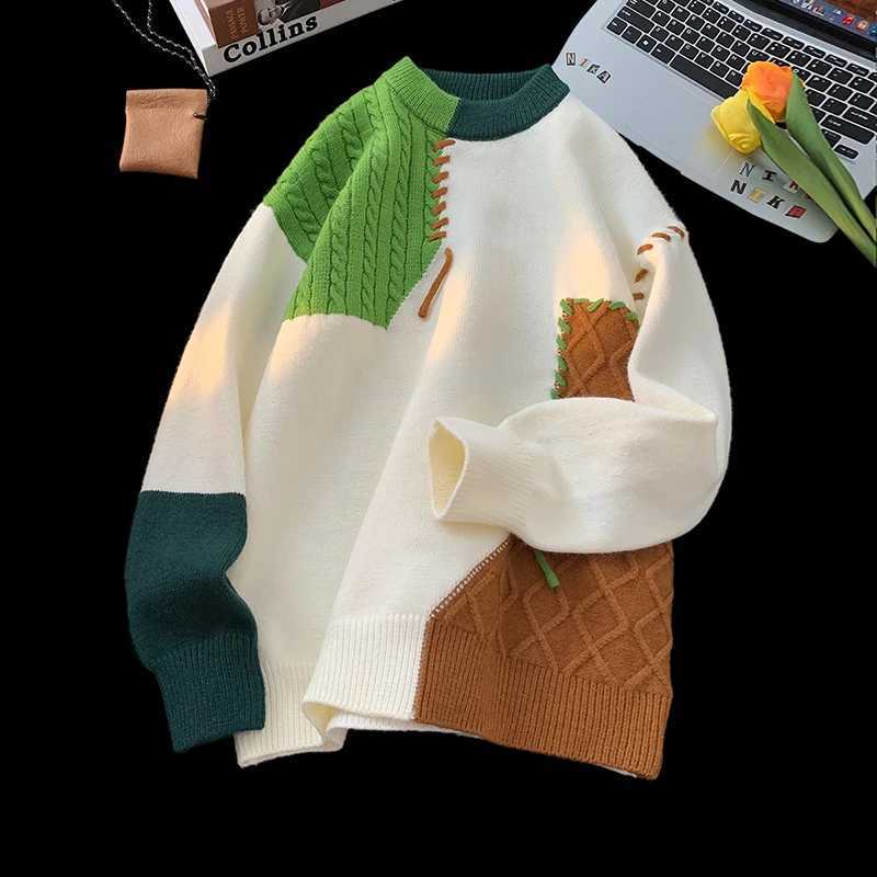 2024 Autumn/Winter Warm Sweater Patch Work Zipper Korean Round Neck Knitted Sweater Mens Fashion Knitted Sweater W241007