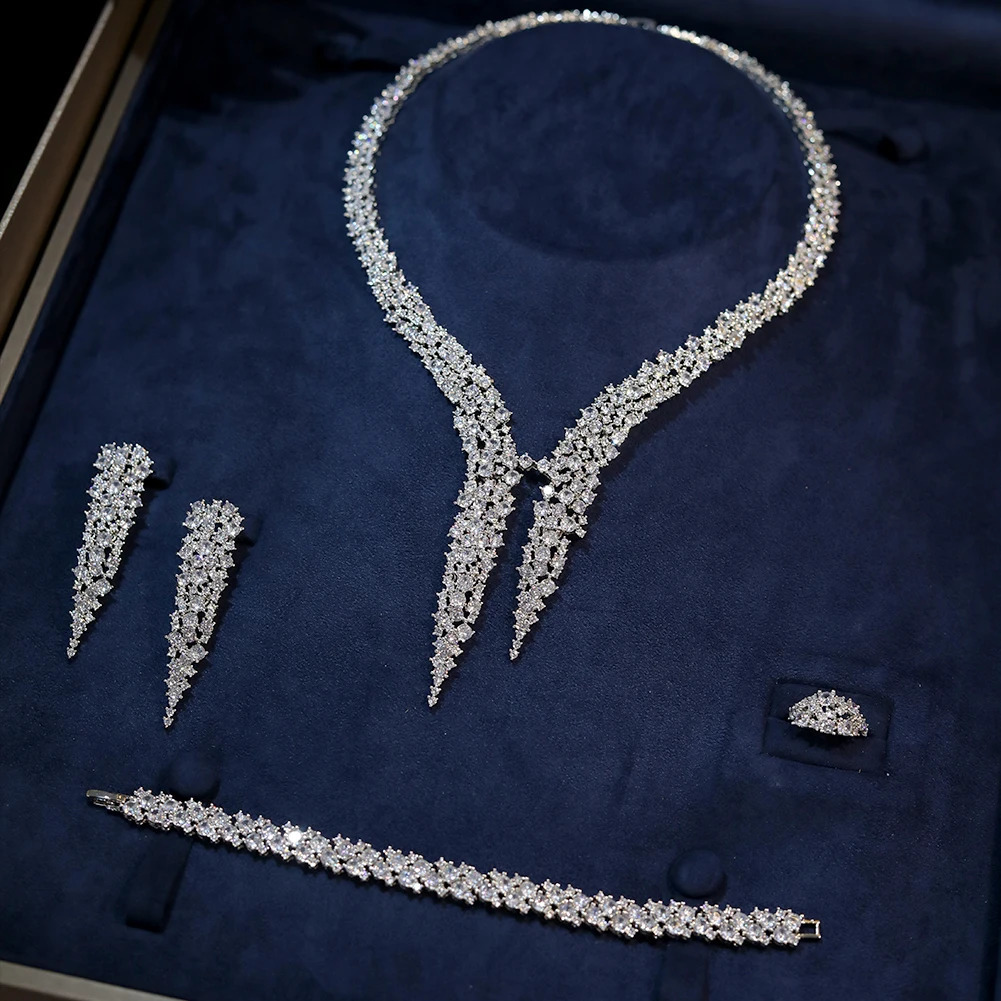 Sparkling Cubic Zirconia Drop Earrings Necklace Heavy Dinner Dubai Nigeria Bridal Wedding 4-piece Jewelry Set X0086 241007