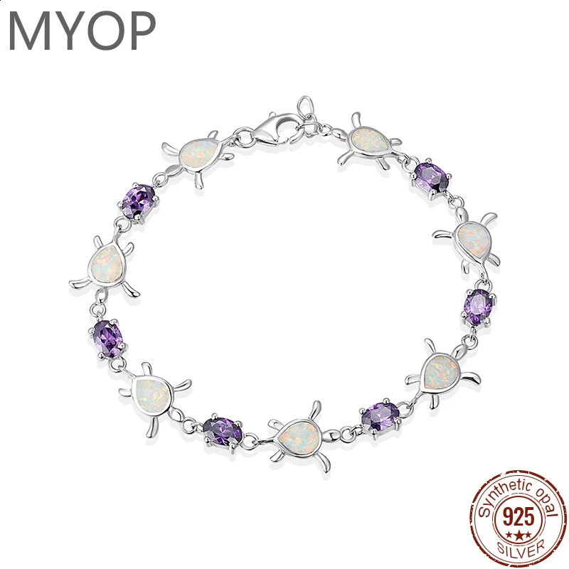 MYOP 925 Silver Gift Artificial White Opel Pear shaped Sea Turtle Bracelet Purple Denier Zircon Lobster Buckle Wedding Charm Party Fashion 240929