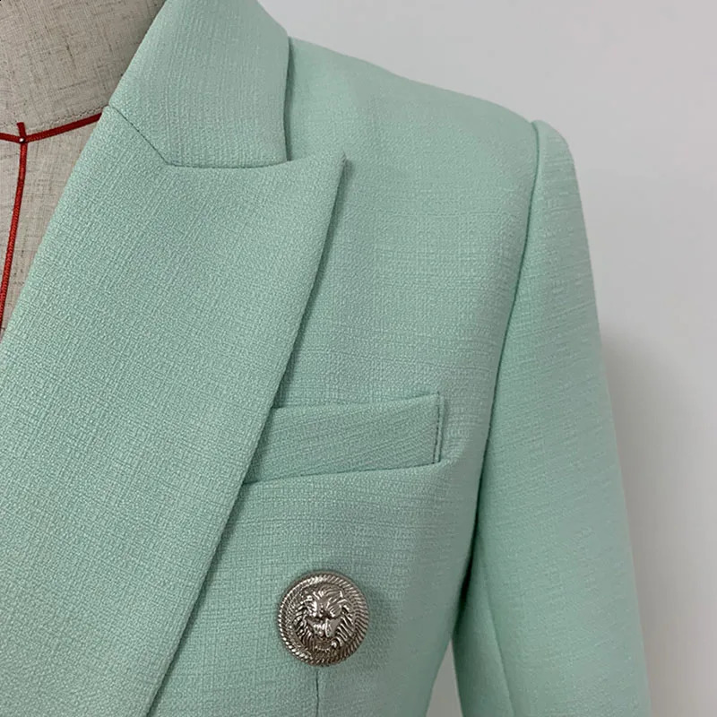 HIGH STREET 2024 Classic Baroque Jacket Womens Metal Lion Buttons Double Breasted Textured Blazer Mint Green 240930