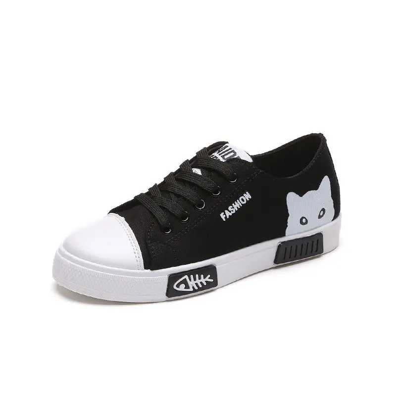 Womens Spring Cartoon Cat Womens Casual Shoes Comfortable Flat Vulcanized Shoes Womens Sports Shoes White Shoes Y241007