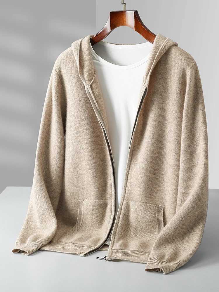 Mens cashmere sweater long sleeved hooded zipper autumn and winter casual loose 100% Merino wool knitted soft and comfortable clothing top W241007