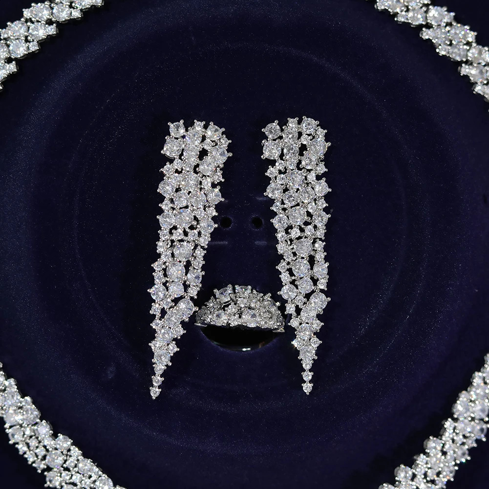 Sparkling Cubic Zirconia Drop Earrings Necklace Heavy Dinner Dubai Nigeria Bridal Wedding 4-piece Jewelry Set X0086 241007