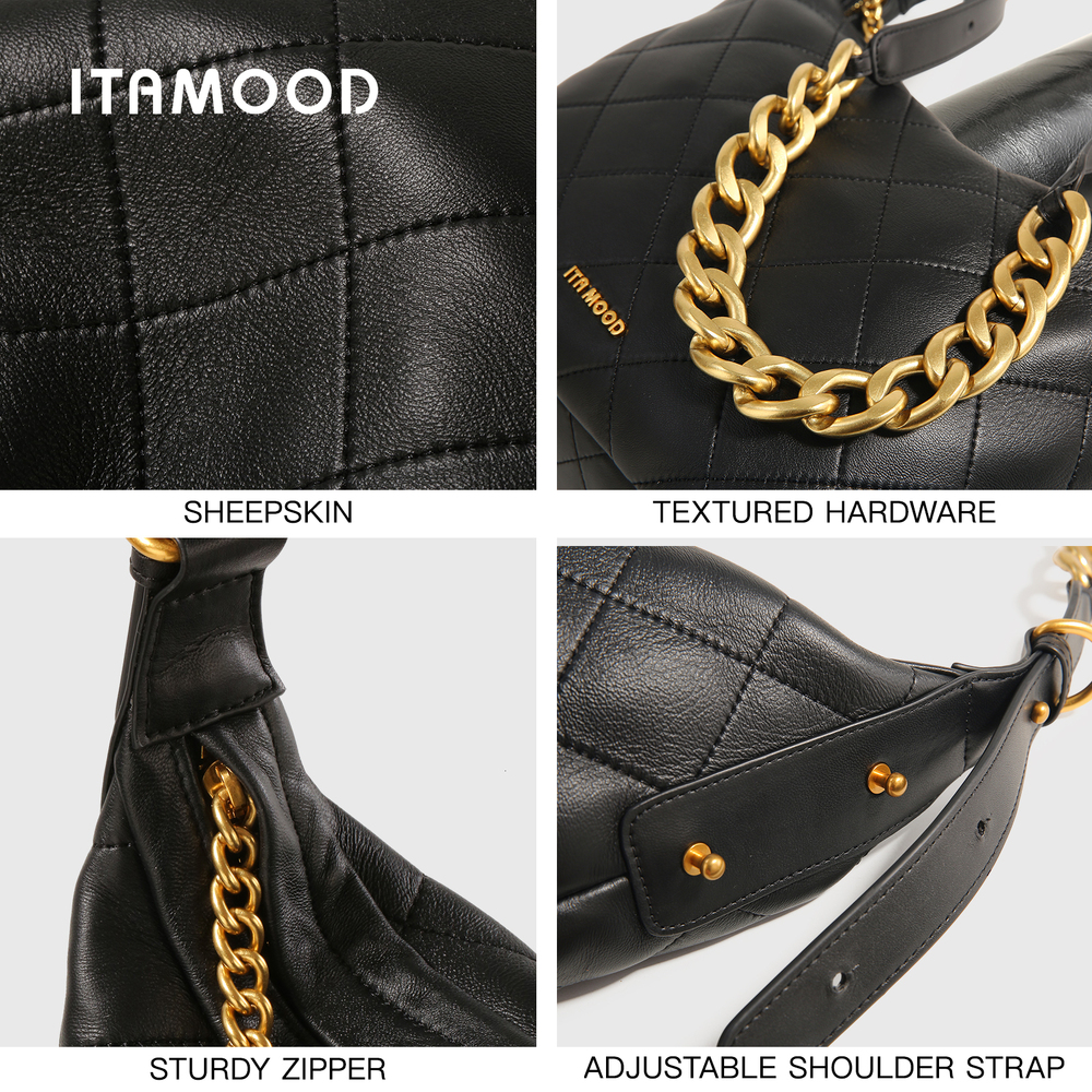 ITAMOOD Genuine Leather Shoulder Branded And Quilted Tote Bag With Gold Color Chain Strap Large Capacity Handbag