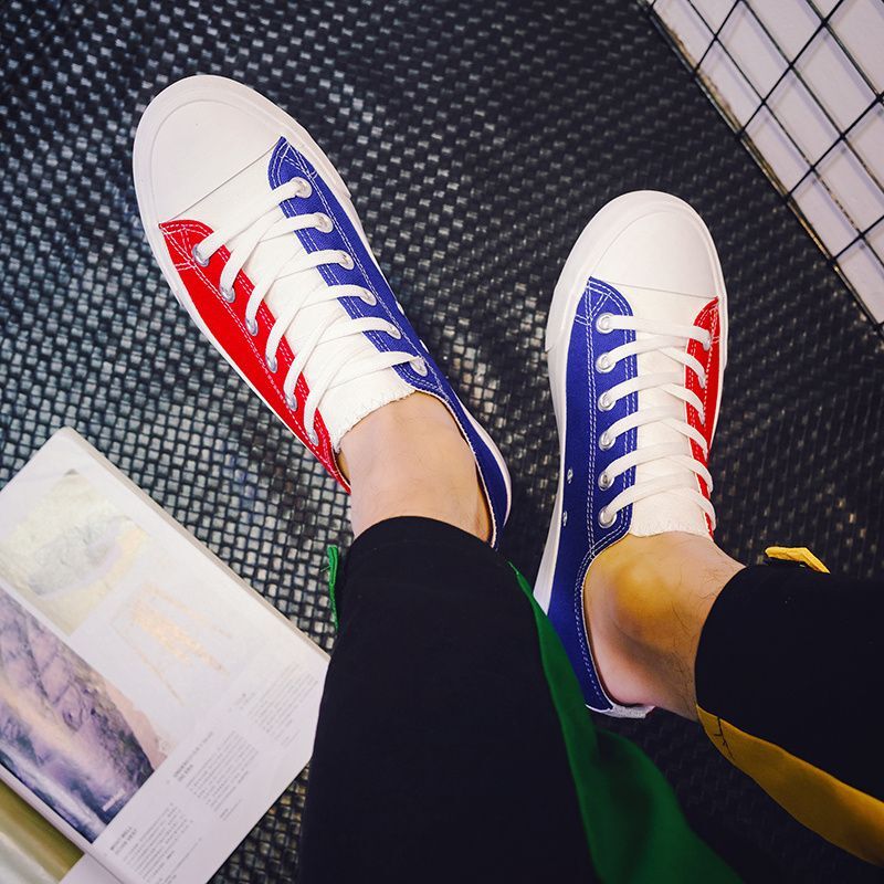 2024 new designer color blocked canvas Korean version casual low top flat bottom fashionable men's breathable social fabric shoes