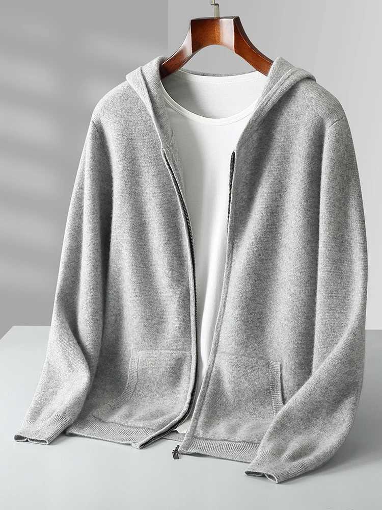 Mens cashmere sweater long sleeved hooded zipper autumn and winter casual loose 100% Merino wool knitted soft and comfortable clothing top W241007