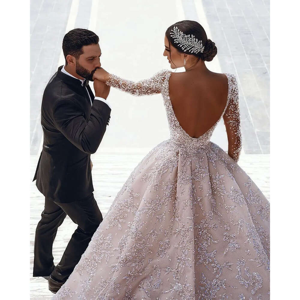 Exquisite V-Neck Wedding Sequins Beaded Lace Long Sleeve Princess Bride Dress Custom Made Ball Gowns Vestidos De Novia 0226Lz