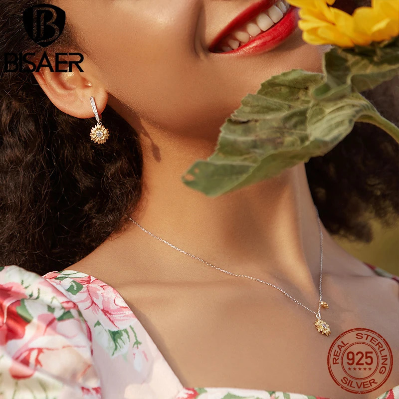 BISAER 925 sterling silver sunflower jewelry set plated with 14K gold lucky necklace earrings exquisite jewelry gift for women 240924