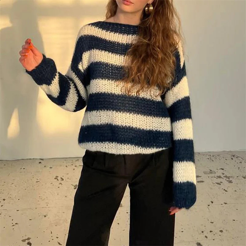 Lamuusaa striped sweater y2k womens round neck long sleeved knitted floral top 2000s streetwear 241007