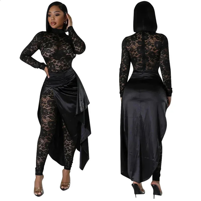 Women Nightclub Party Skinny Stretchy Sexy See Through Floral Lace Jumpsuits with Overlay Skirt One Piece Romper Club Overalls 240927