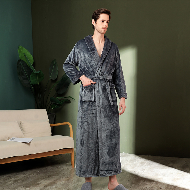 Designer's Winter Sleeping Flannel Couple Nightgown, Thickened Lengthened Men's Plus Size Bathrobe, Long And Simple Sleepwear For Women
