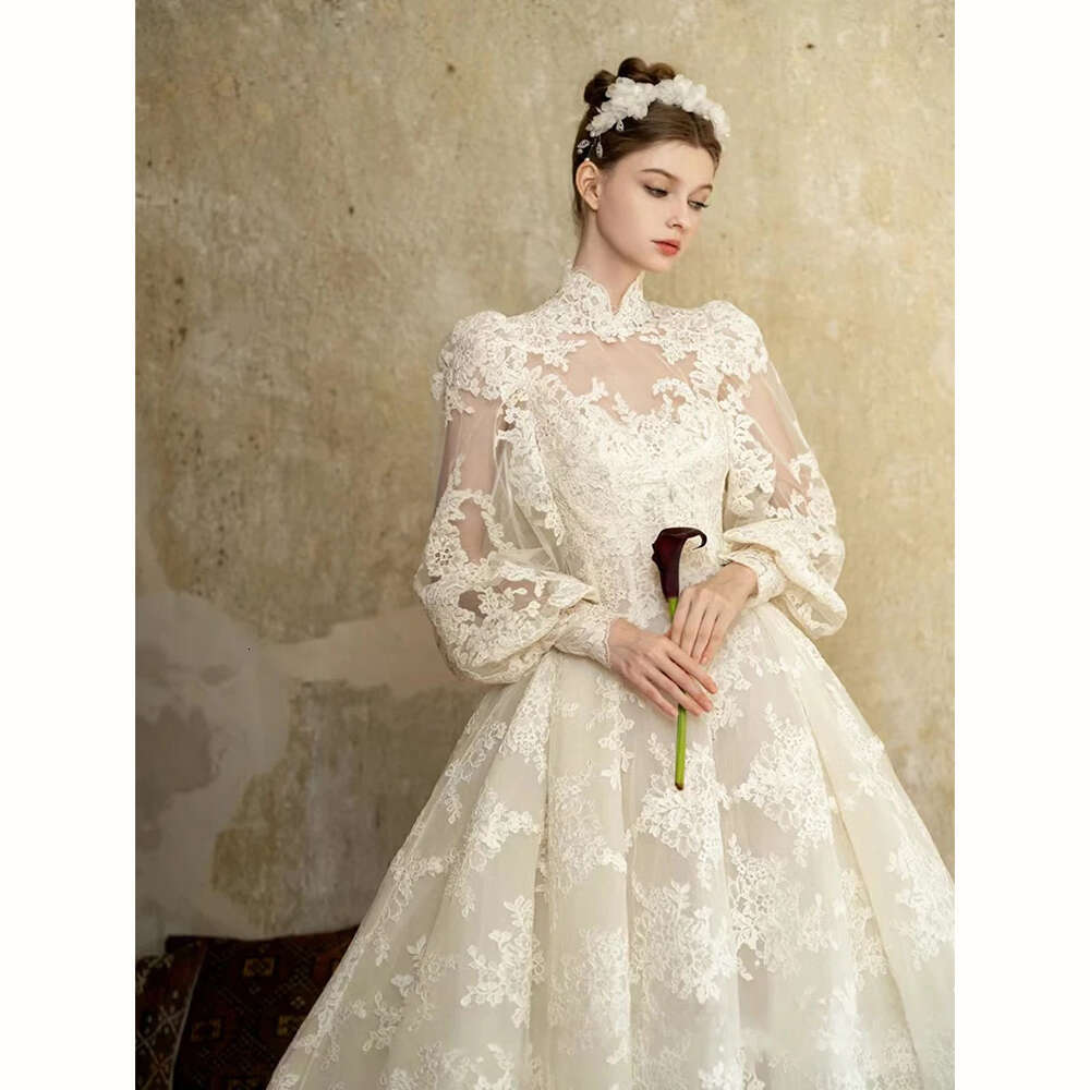 A Elegant E Lace Wedding Dress With High Neck Lantern Sleeves Bridal Gown Custom Made Princess Bride Marriage Women Clothing 6660311