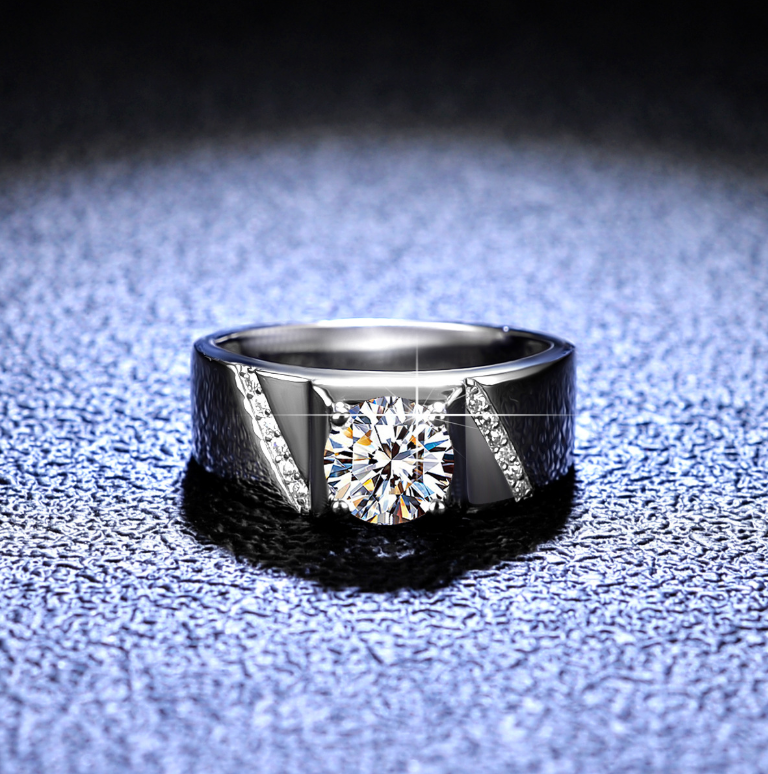 Moissanite Wedding Rings: 1CT Round Cut Sterg Sier, Male Engagement Band