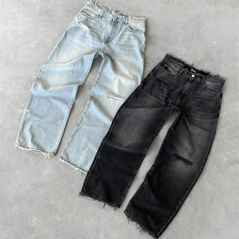 Street Y2k Black Jeans Retro Embroidery Straight Baggy Jeans Harajuku Hip Hop Fashion Gothic Ripped Large High Waist Denim Pants 241007