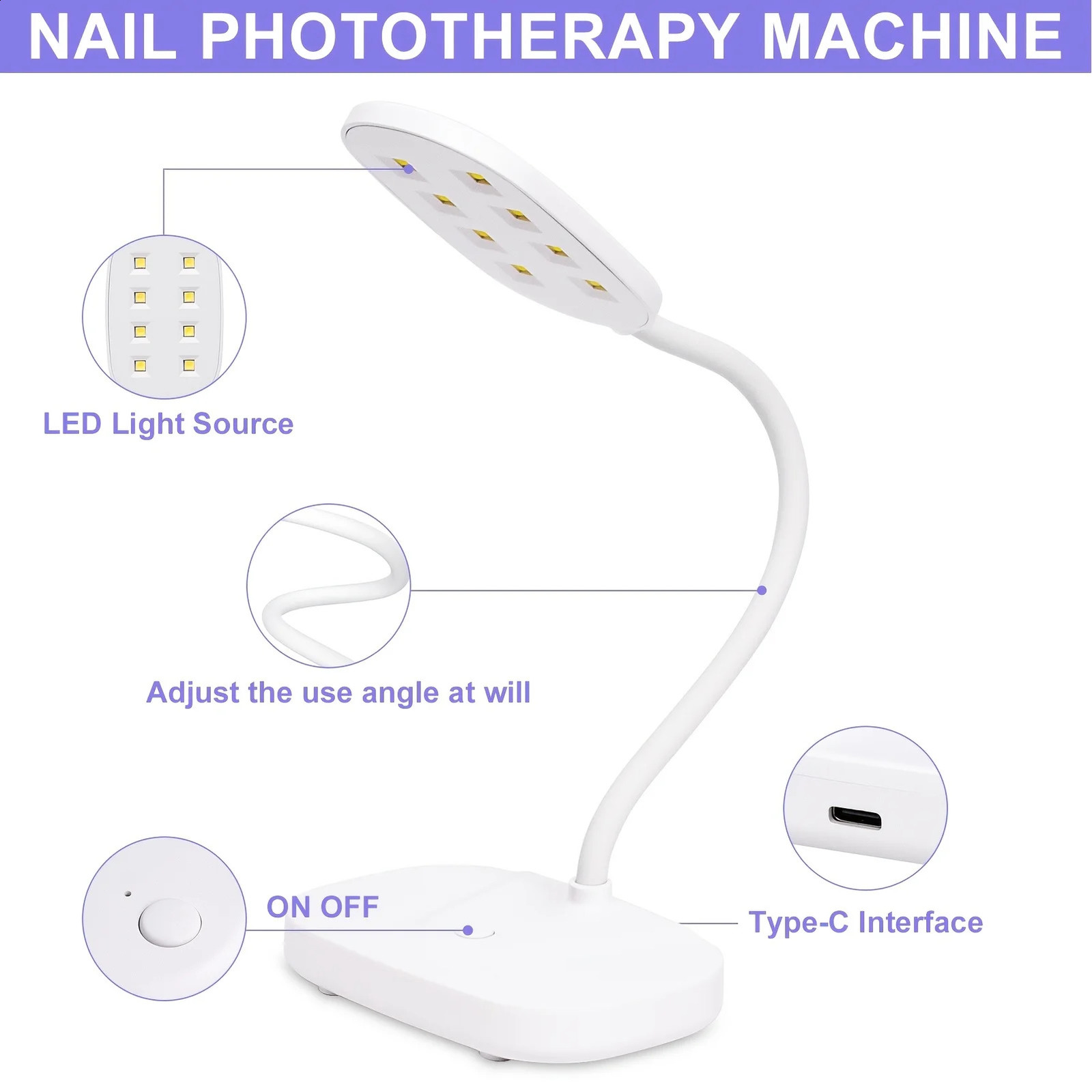 Rechargeable LED Nail Light Lamp Nail Dryer Portable Gooseneck Gel Light Foldable USB For Polish Drying Manicure Tools 240925