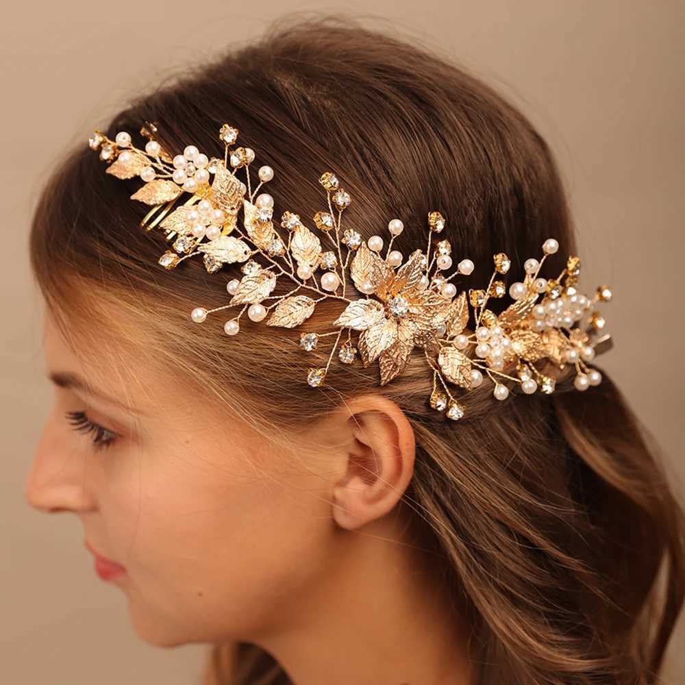 Pearl Rhinestone Flower Bridal Hair Combs Gold Leaf Wedding Headband Brides Headwear Wedding Accessories Party Prom Hair JewelryX241007