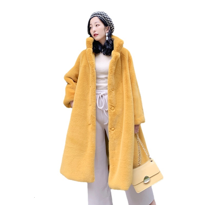 Long Faux Fur Coat For WomenV LapelV Fluffy JacketV TeddyV Single BreastedV Yellow Plush CoatsV 2024 Winter OvercoatsV Furry