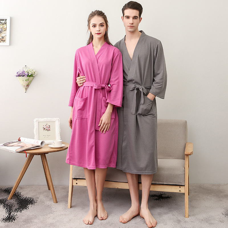 Designer Upgraded Summer Thin Waffle Couple Black Bathrobe Women's Large Water Absorbent Quick Drying Yukata Seven Sleeve