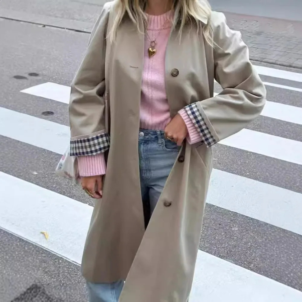 Women Long Trench Coats Elegant Khaki Lapel Single Breasted Casual Jackets Autumn Winter Fashion Plaid Lined Chic Outwear 2024 240930