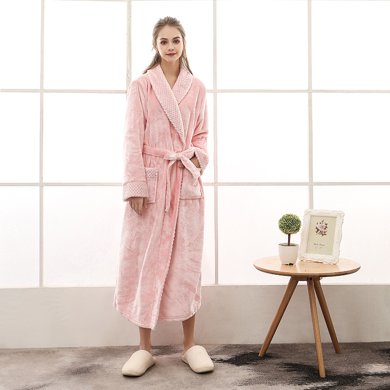Designer Autumn Winter Plus Size Flannel Couple Sleeping Robe For Men Women, Beibei Velvet Splicing, Thickened And Elongated Bathrobe, Yukata
