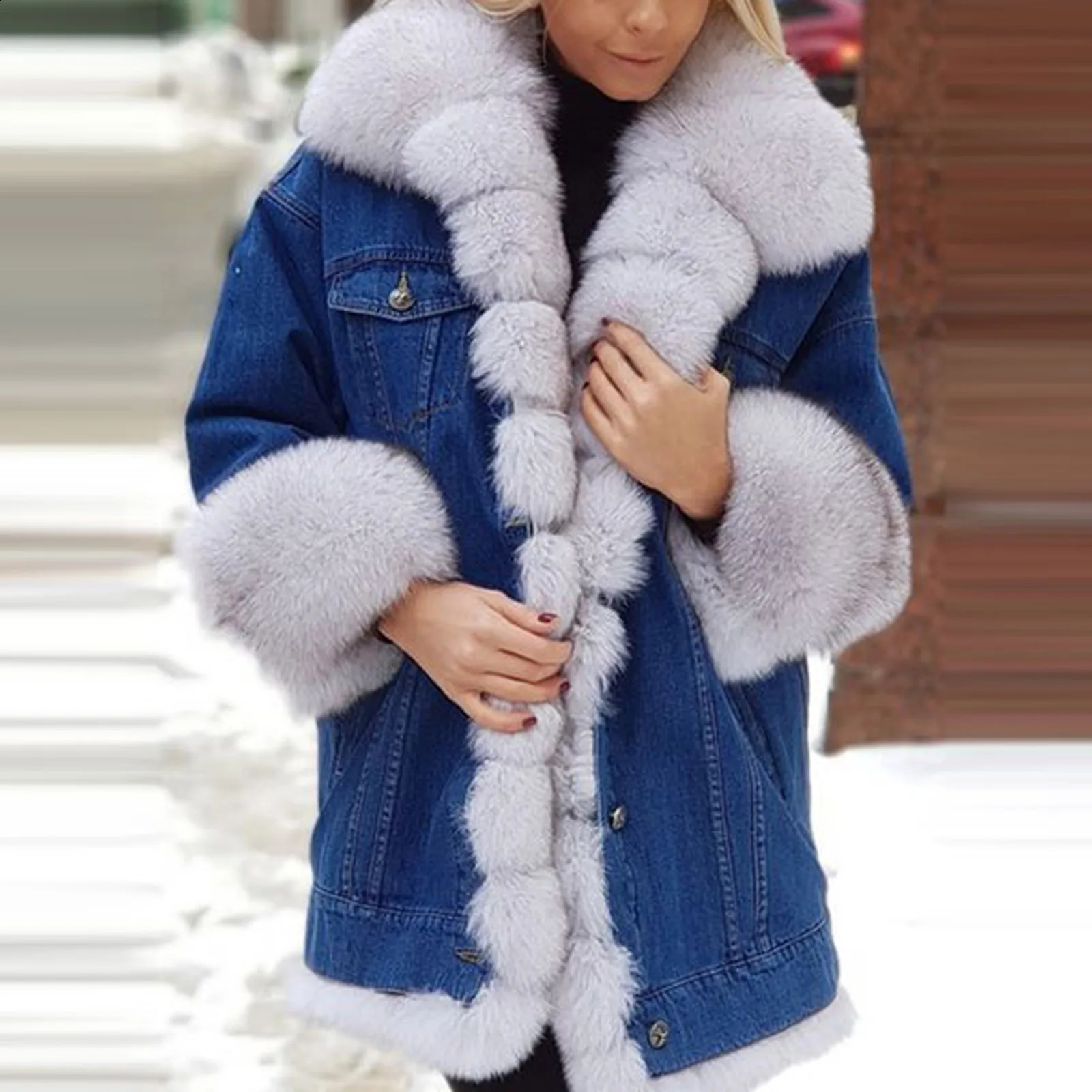 Fashion faux fur coat for autumn and winter womens long sleeved fur denim mid coat with spliced wool jacket for warmth 240930